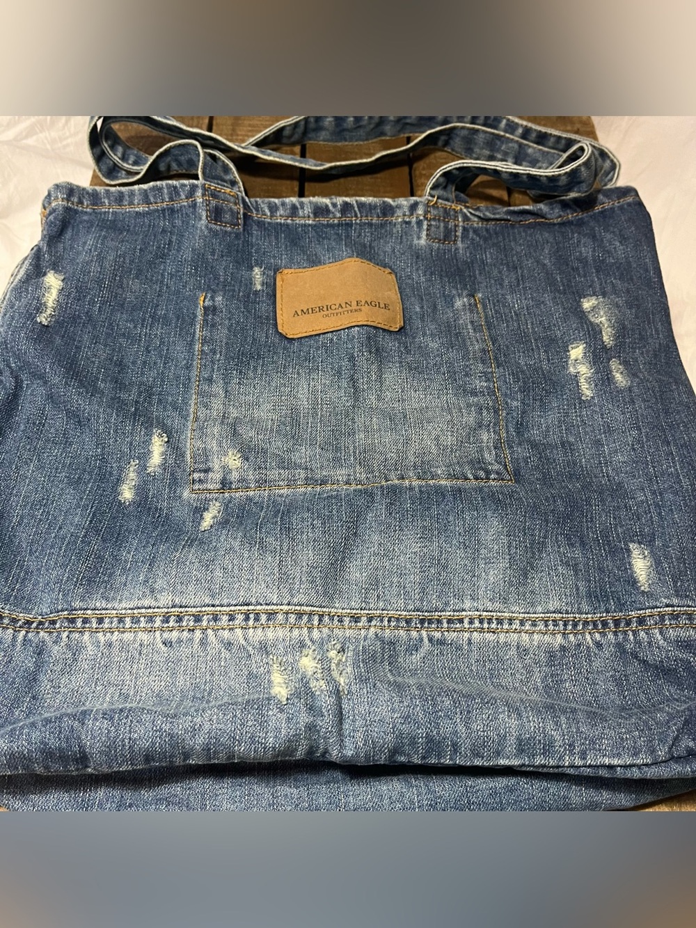American Eagle Outfitters Distressed Denim Tote Bag Farmhouse Fisherman Rugged